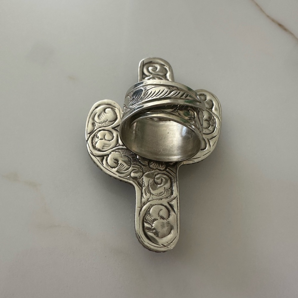 Turquoise Sterling Silver Cactus Statement Ring- Adjustable - Picture 6 of 12